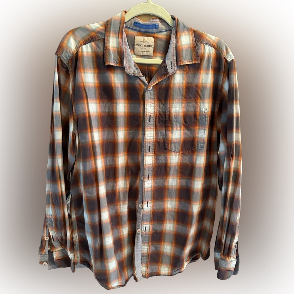 TOMMY Bahama Size L Orange/Brown Plaid Button Down Long Sleeve